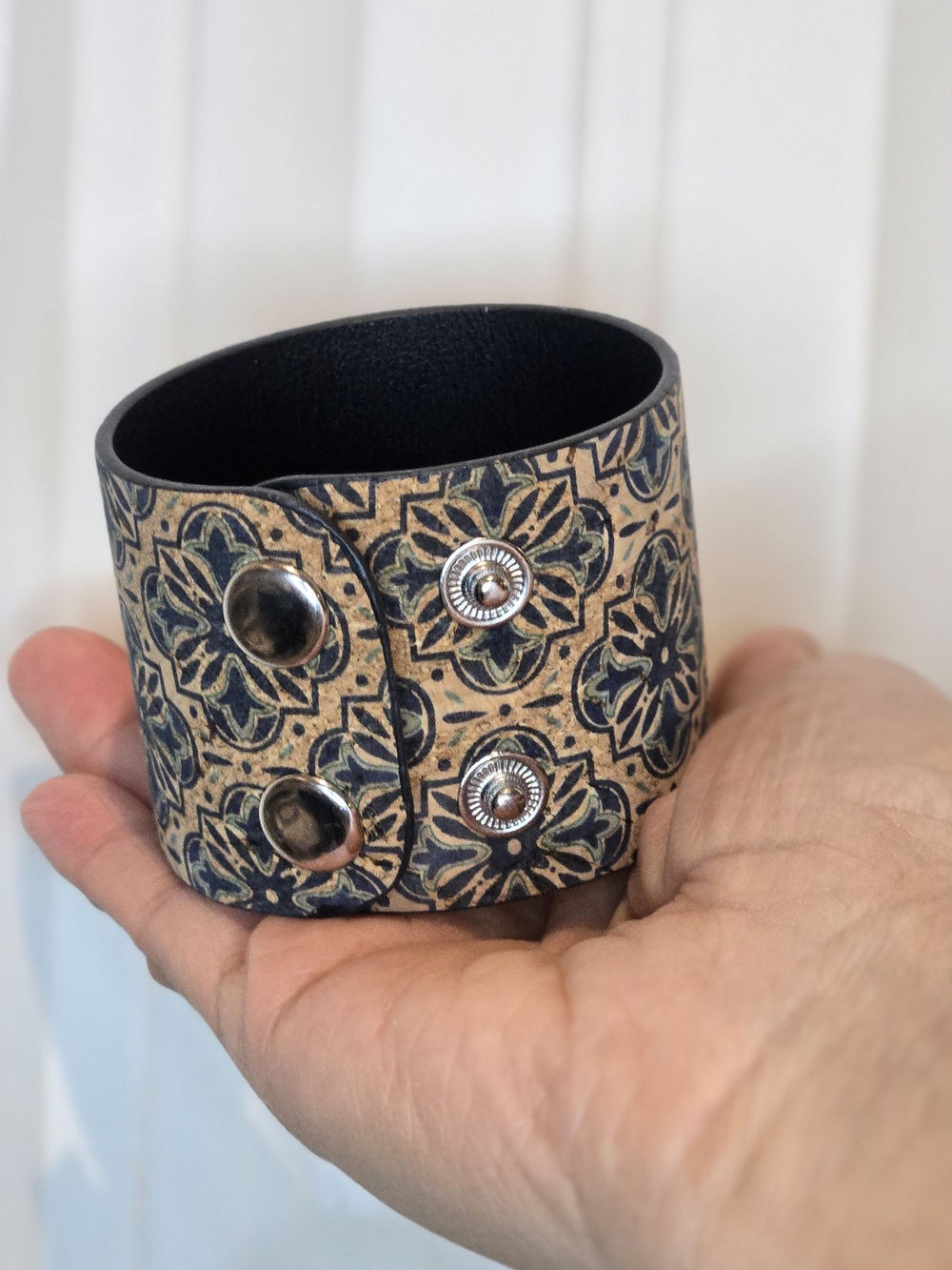 Fashion Jewelry Beige and Black Floral Leather Cuff Bracelet